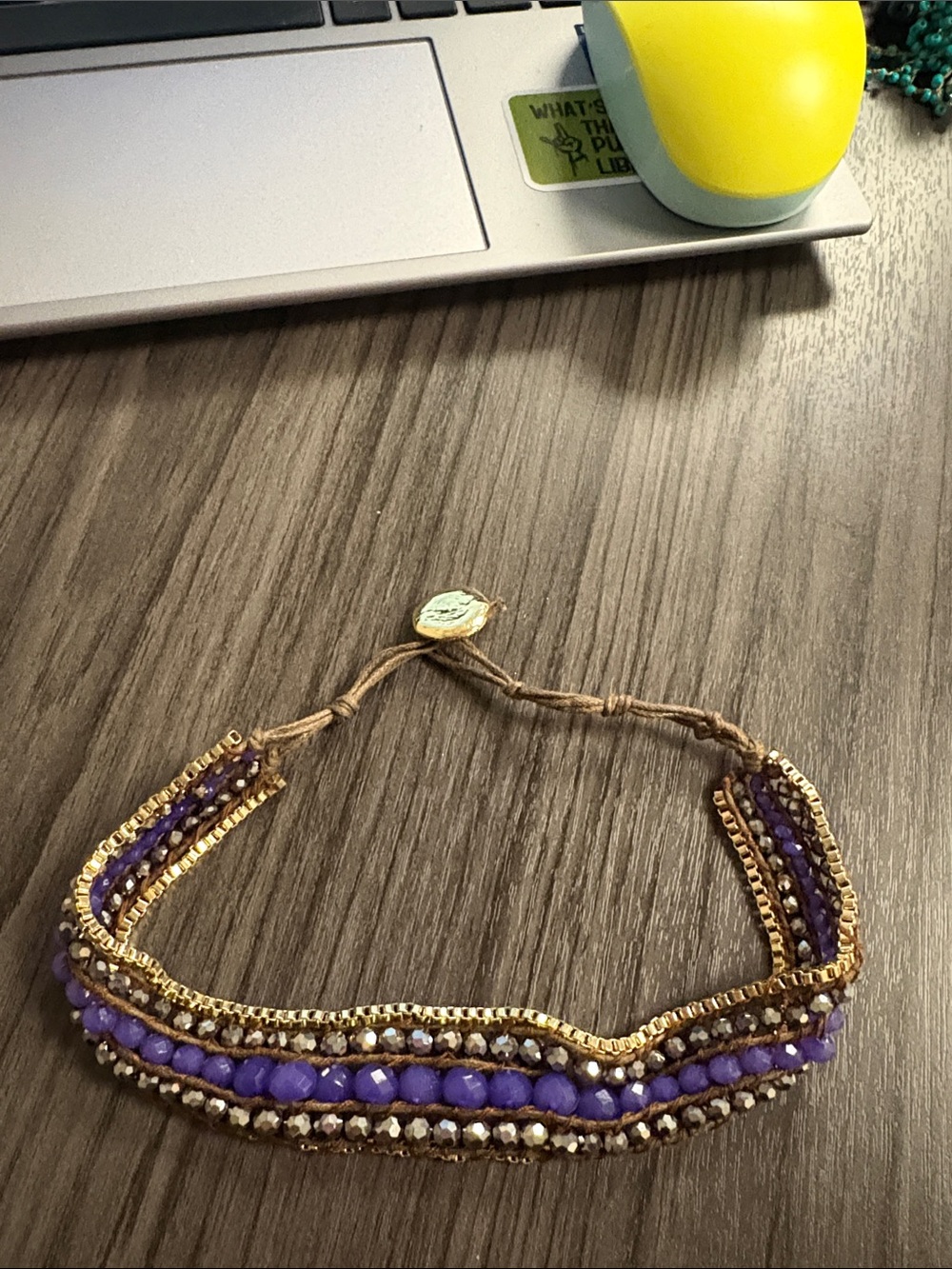 Purple Beaded Multi-Row Bracelet with Gold Accents